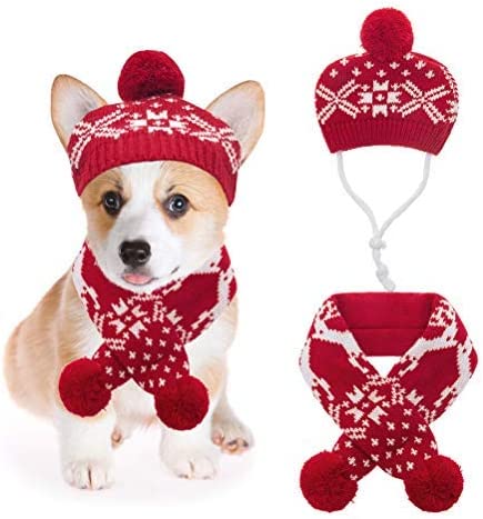 Bargain Mart - Christmas Dog Costumes Hat Scarf Set Knit Snowflake Print