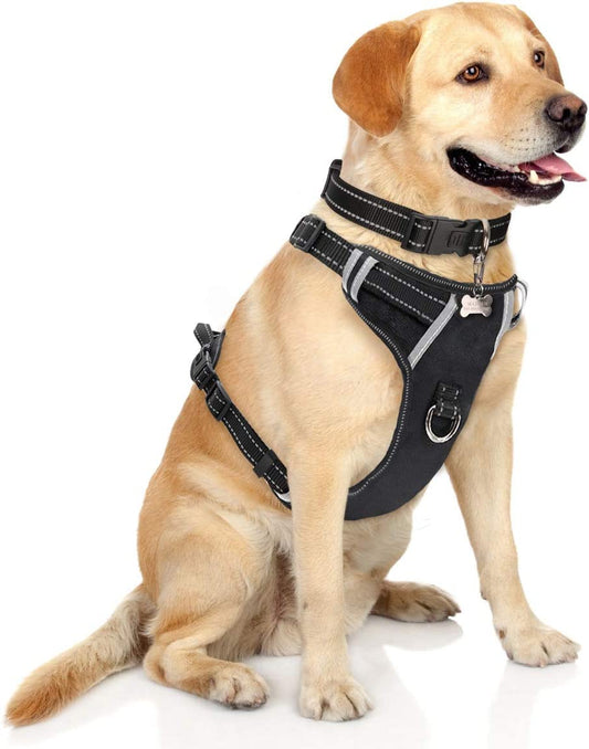 Bargain Mart - No Pull, Pet Harnesses with Dog Collar, Adjustable Reflective Oxford Outdoor Vest, Front/Back Leash Clips