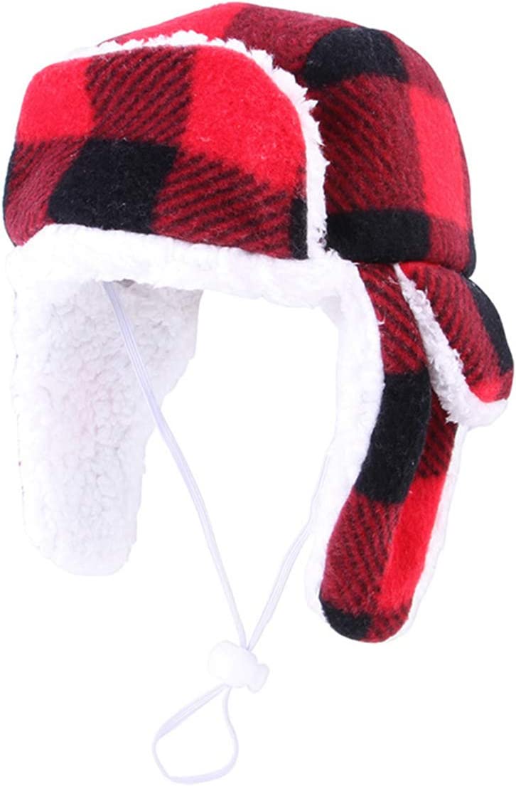 Bargain Mart - Christmas Dog Hat with Earmuffs Winter Adjustable Pet Red Plaid Pet Cap