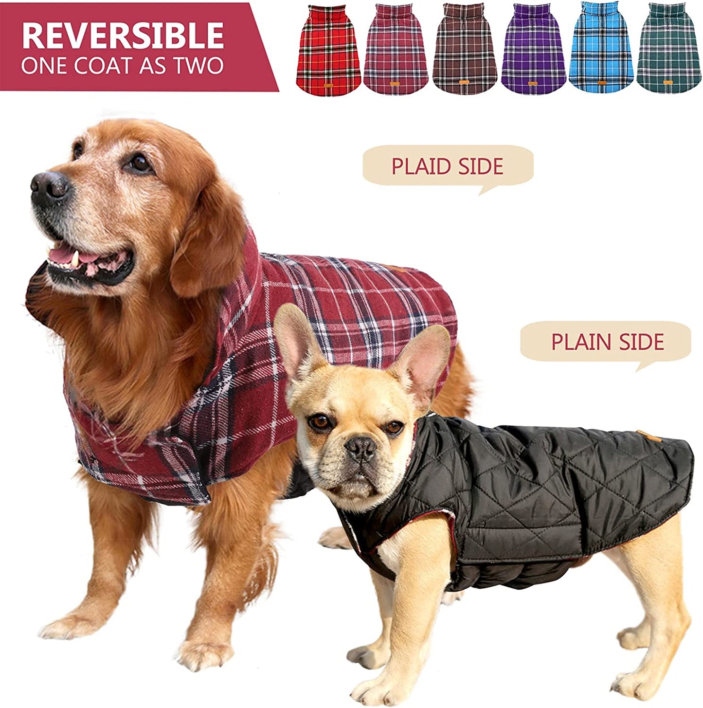 Bargain Mart - Cozy Waterproof Windproof Reversible British Style Plaid Dog Vest , Warm Dog Apparel for Cold Weather