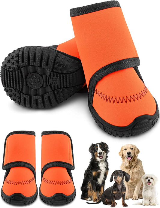 Bargain Mart - Waterproof Dog Shoes Fluorescent Orange Dog Boots Adjustable Straps and Rugged Anti-Slip Sole Paw Protectors