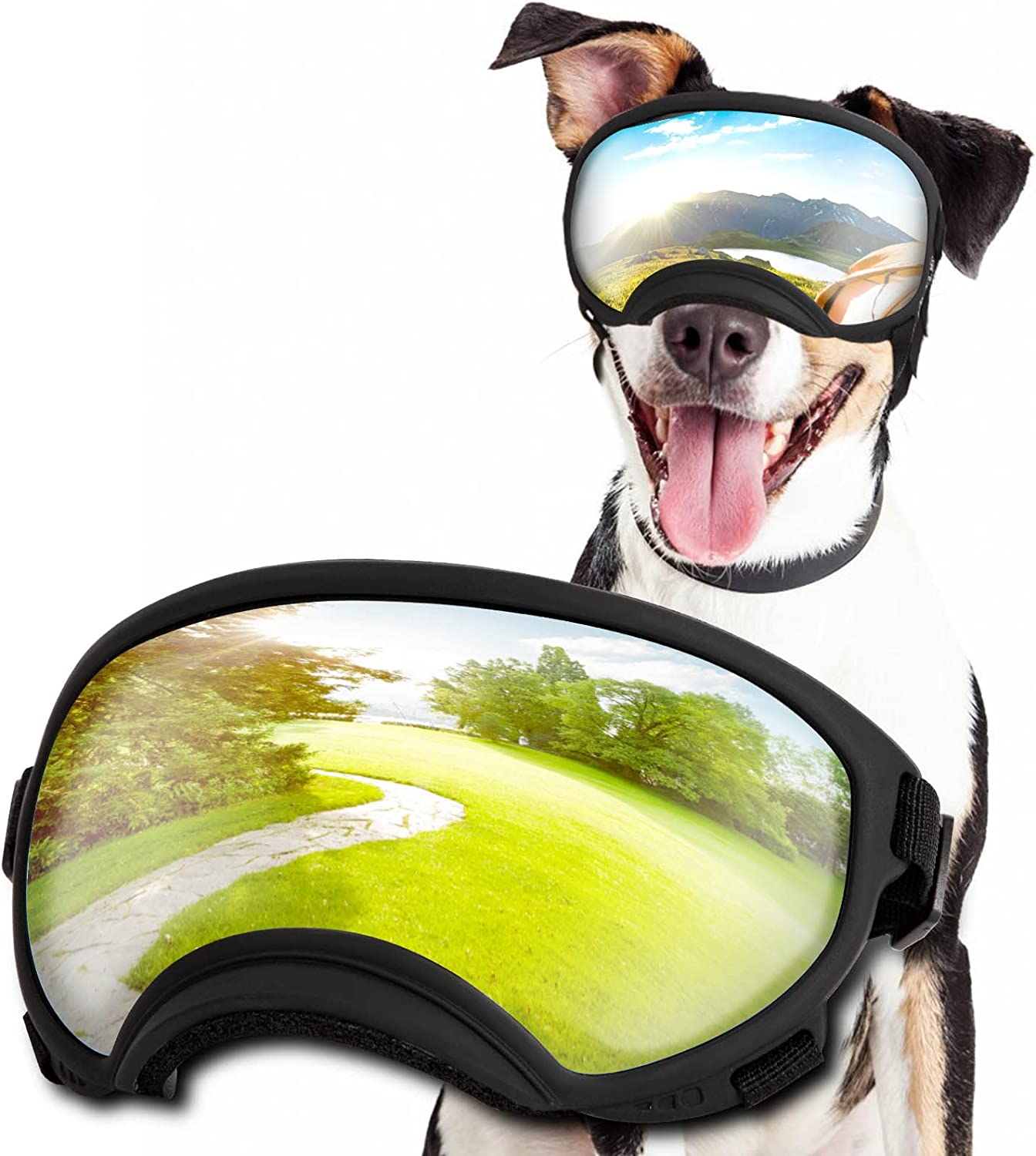 Bargain Mart - Safety Sunglasses for Dogs with Adjustable Straps and Clear Curved Lenses for All-round Vision