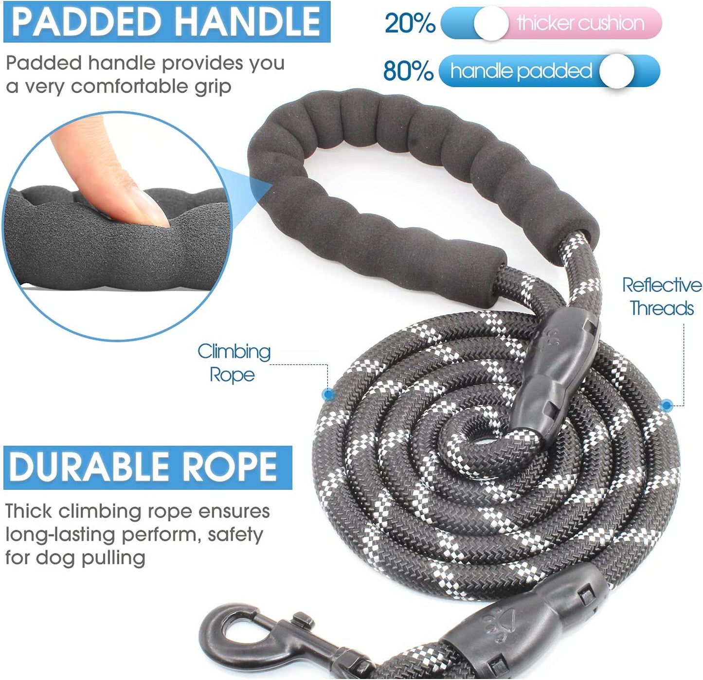 Bargain Mart - High Quality Dog Leash with Comfortable Padded Handle and Highly Reflective Threads