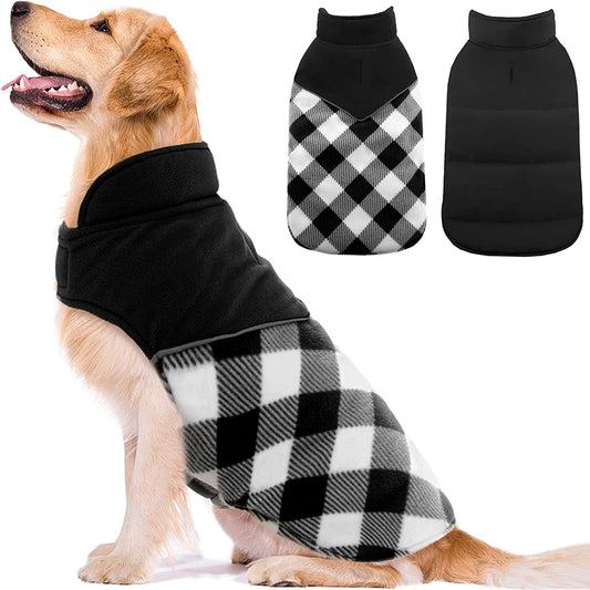 Bargain Mart - Reflective Cold Weather Dog Jacket, Reversible British Style Plaid Dog Coat Warm Cotton Thickened Vest Windproof Outdoor Apparel