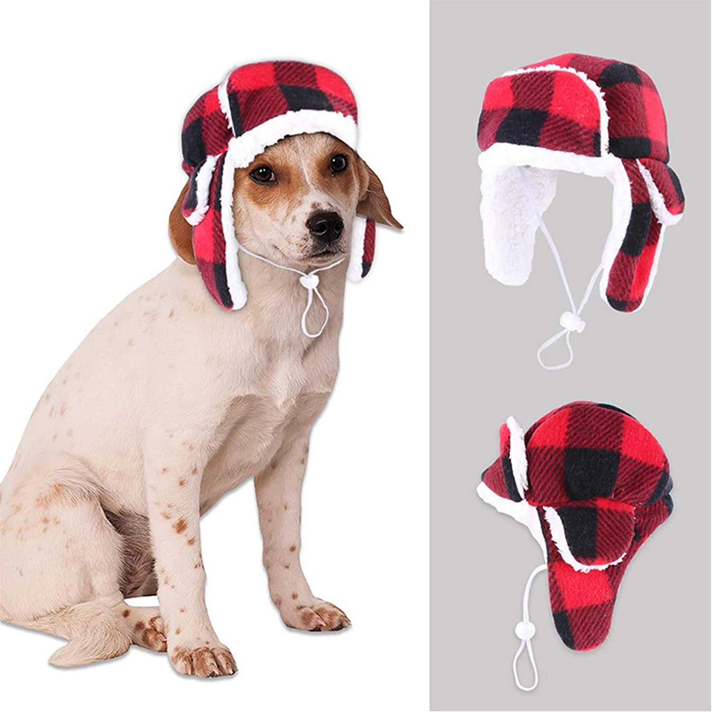 Bargain Mart - Christmas Dog Hat with Earmuffs Winter Adjustable Pet Red Plaid Pet Cap