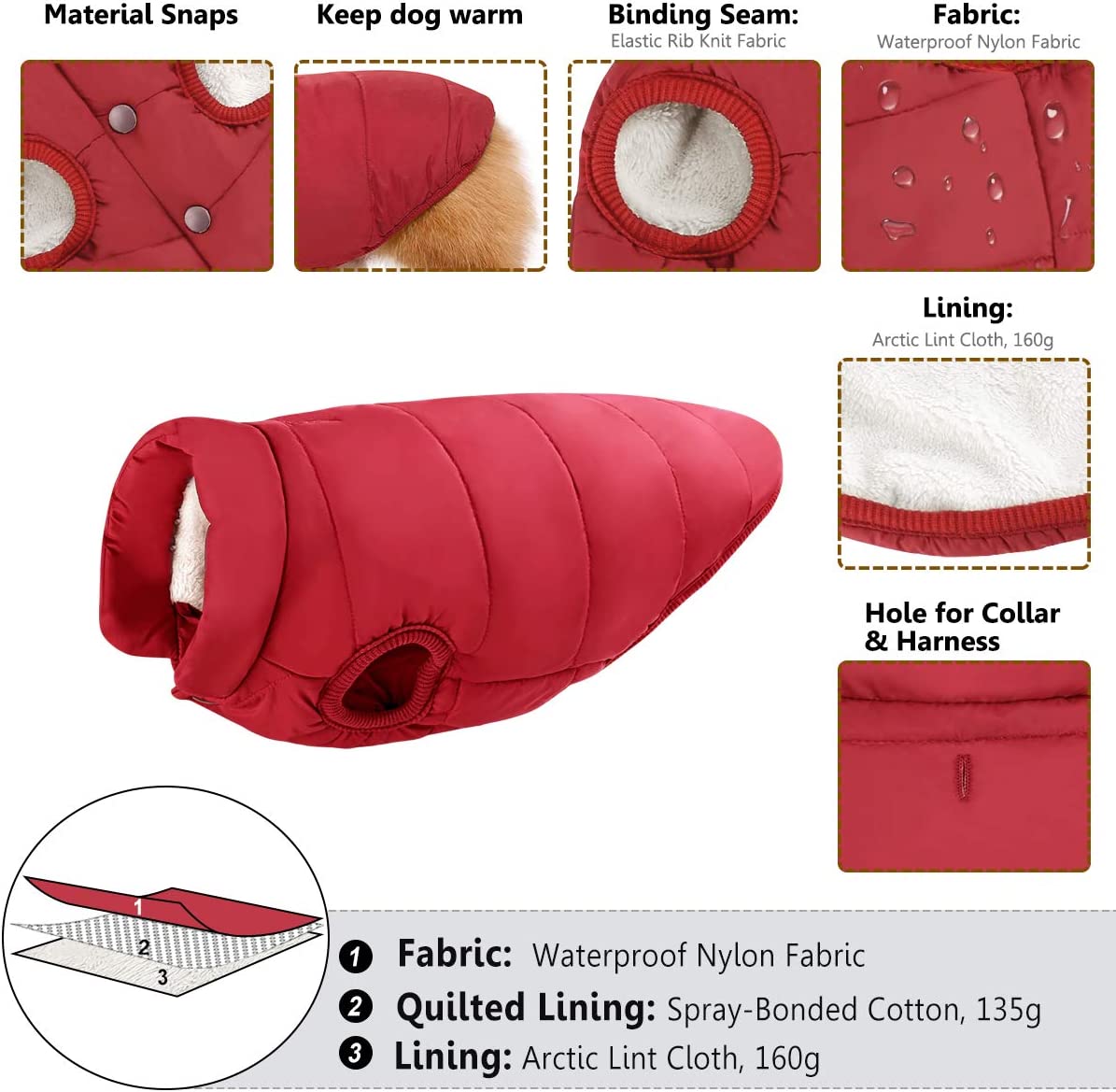 Bargain Mart - Winter Warm Jacket Windproof Dog Winter Coat Waterproof Dog Jacket Warm Dog Vest Cold Weather Pet Apparel with 2 Layers Fleece Lined