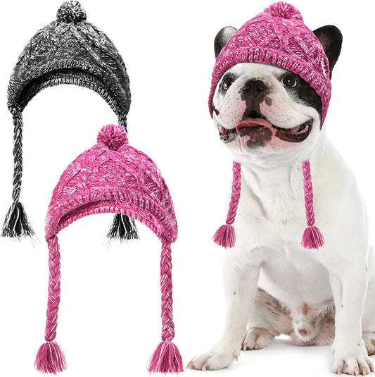 Bargain Mart - 2 Pieces Warm Pom Hat Party Knit Dog Beanie Puppy Dog Cap with Ear Holes Pet Knitted Snood Headwear for Christmas