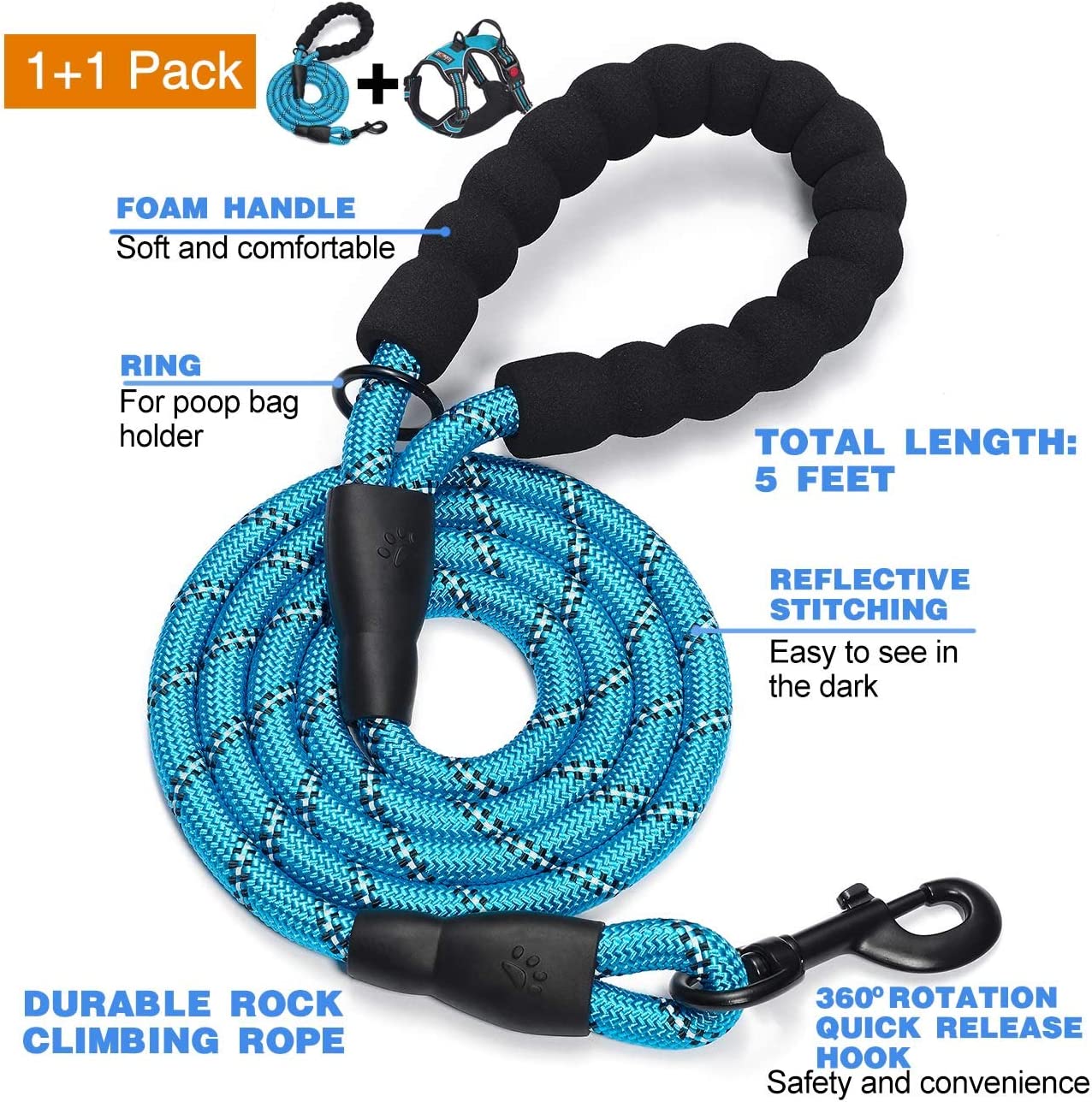 Bargain Mart - Free Heavy Duty 5ft Dog Leash No Pull Dog Harness Adjustable Reflective Oxford Easy Control Medium Large Dog Harness with A