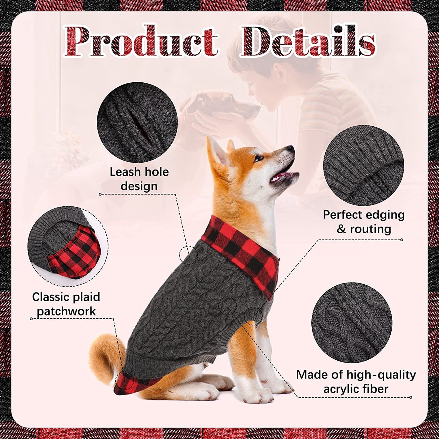 Bargain Mart - Plaid Patchwork Dog Knitwear Vest for Fall Winter, Pullover Cozy Dog Clothes Pet Cold Weather Coat Warm Apparel